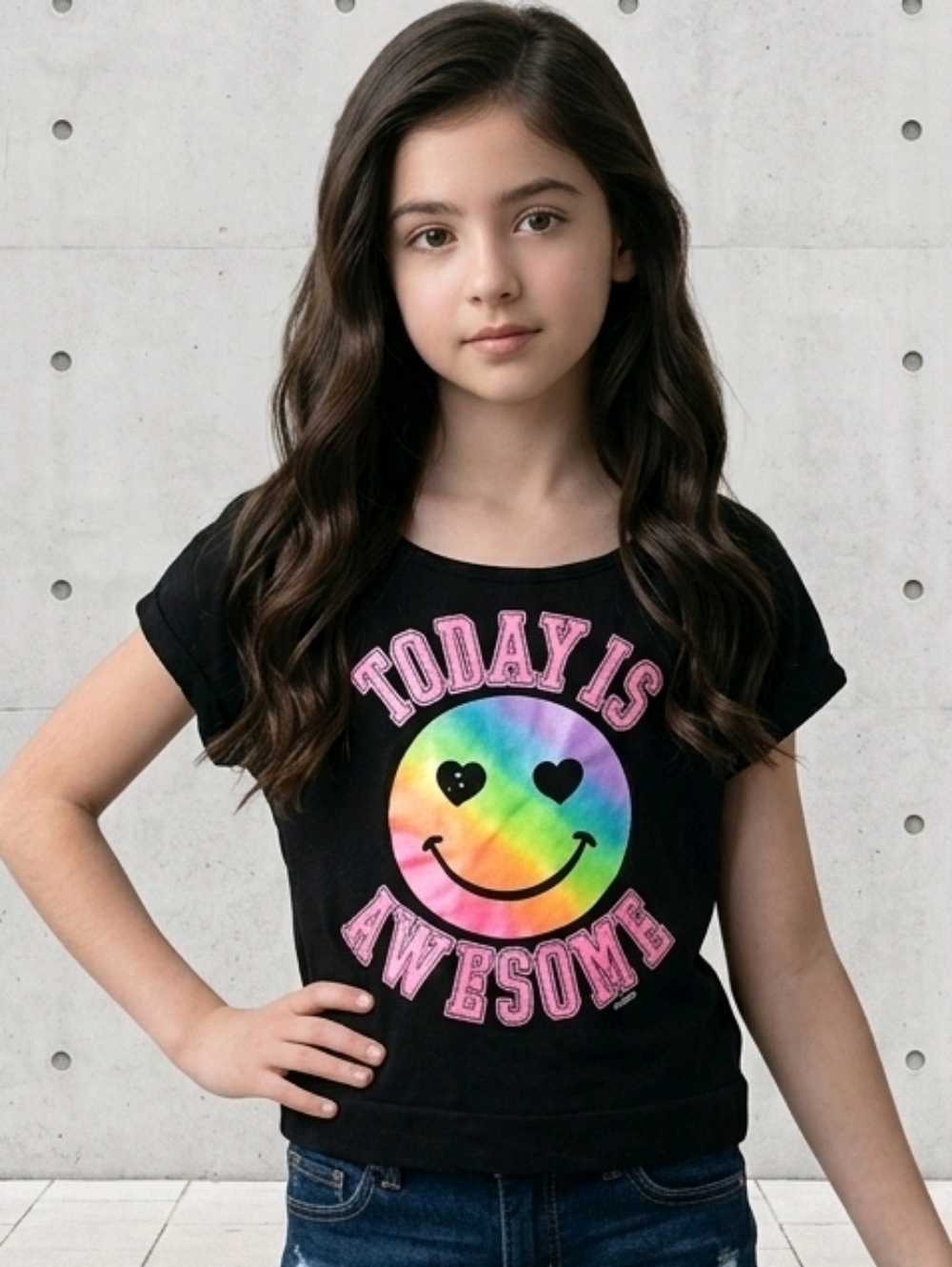 Justice Girls 8 Today Is Awesome Rainbow Smiley Sequin Black Graphic Tee Shirt